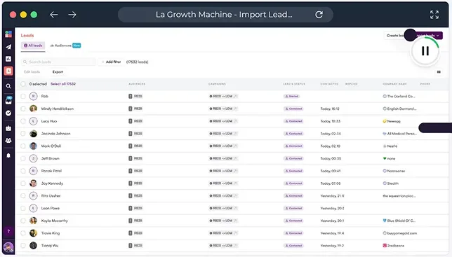 La Growth Machine leads table managing 17,532 imported leads with status columns