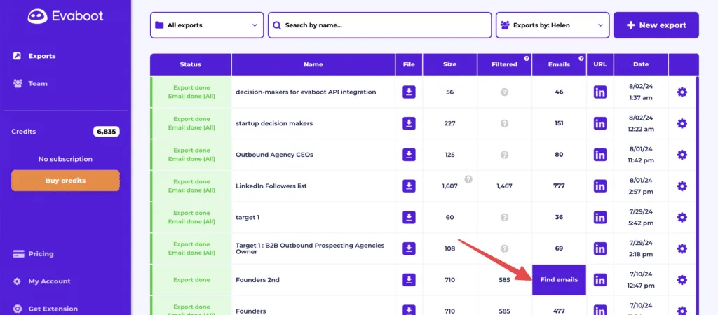 Evaboot exports dashboard listing Sales Navigator scrapes with lead counts and found emails
