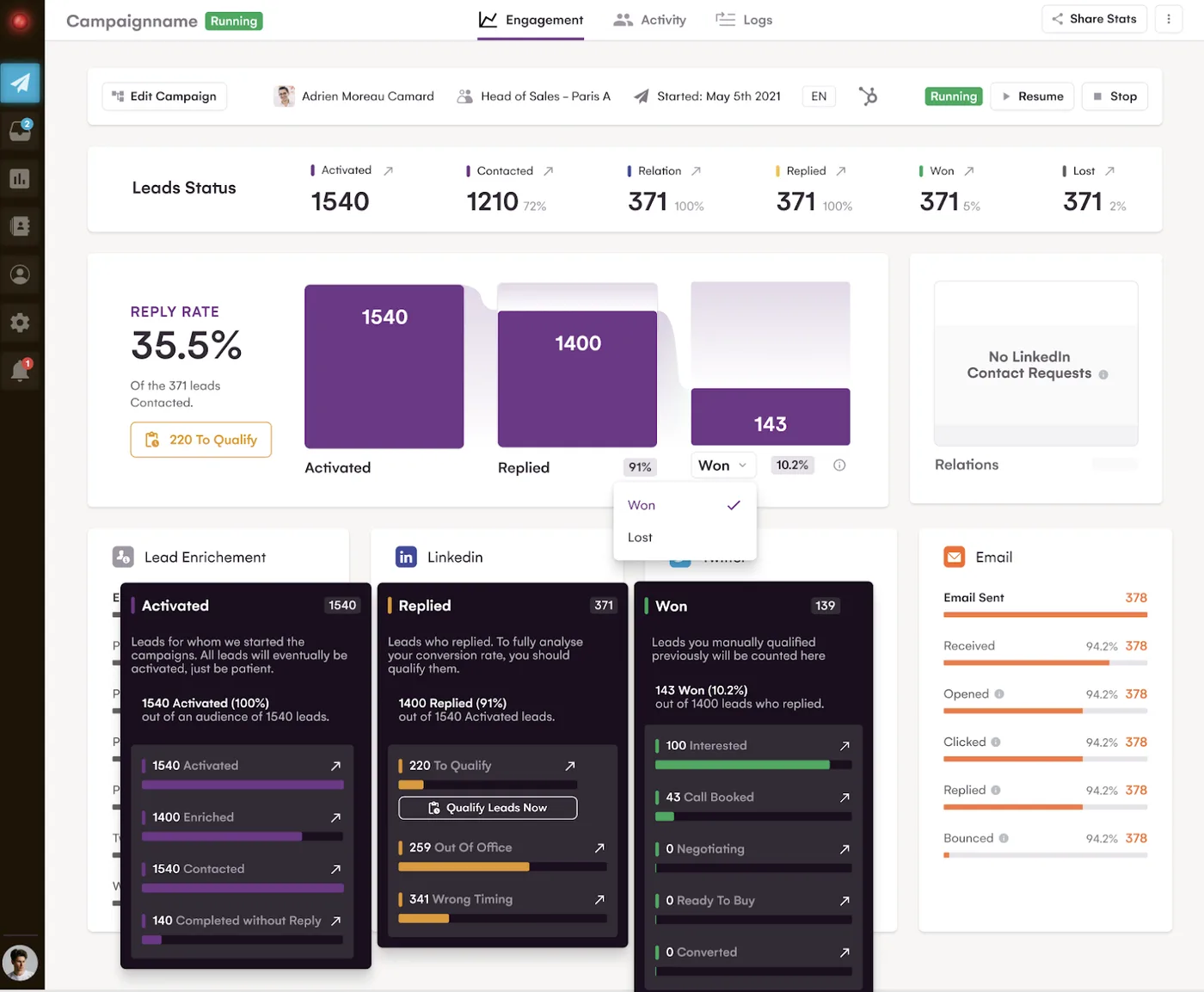 La Growth Machine campaign analytics with a lead-status funnel and 35.5% reply rate