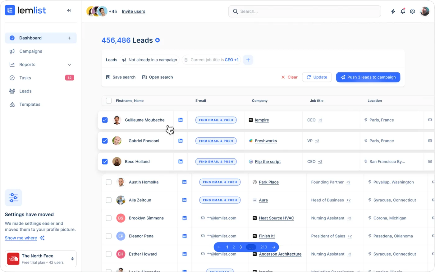lemlist leads database with a 456,486-lead table and 'push to campaign' actions