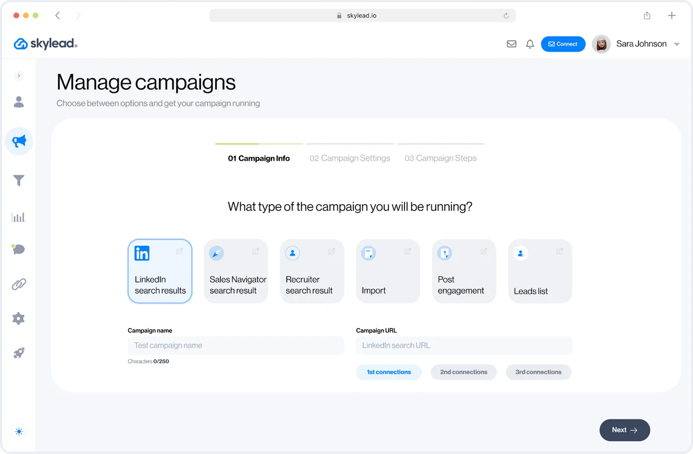 Skylead campaign builder choosing a campaign type such as LinkedIn or Sales Navigator search
