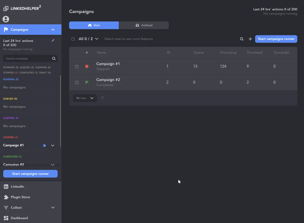 Linked Helper 2 campaigns manager listing campaign runners and their queue status