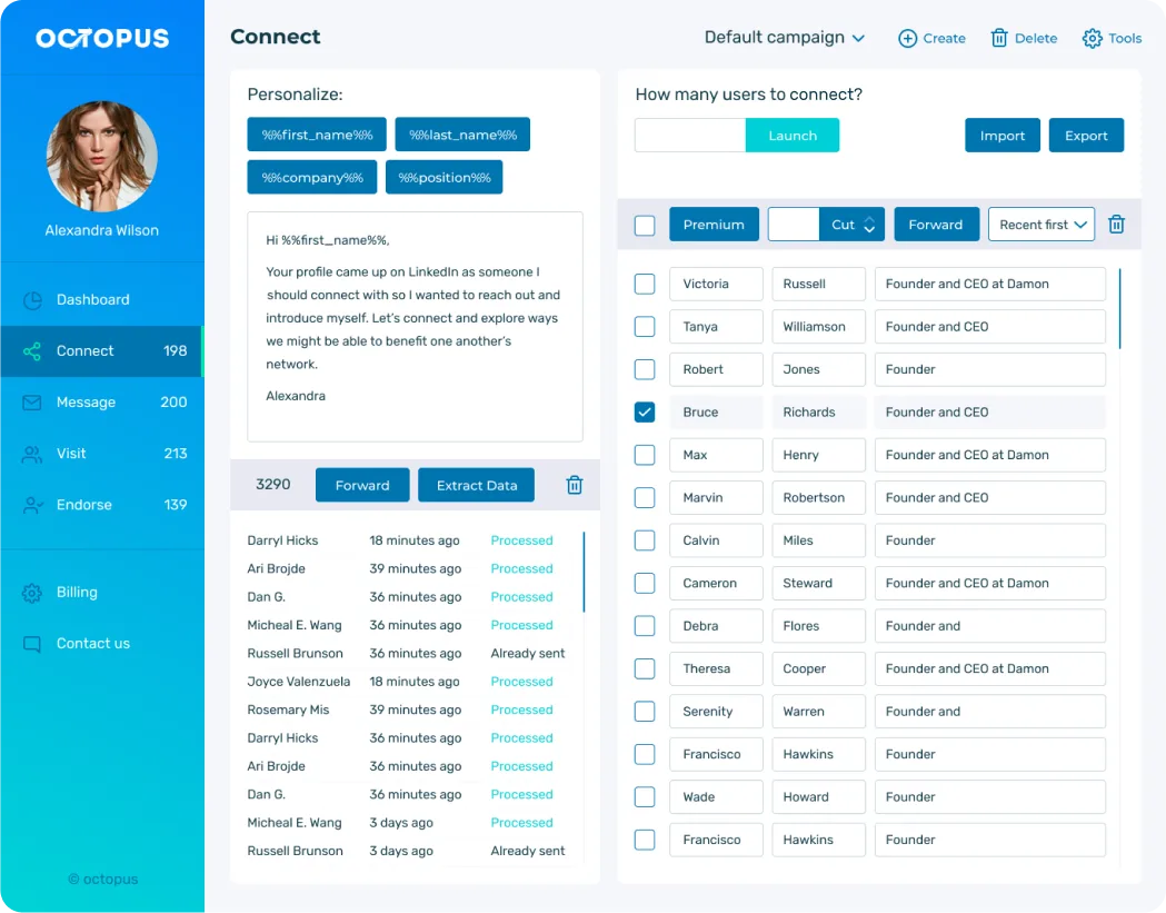 Octopus CRM connection campaign with a personalized invite message and a queue of prospects