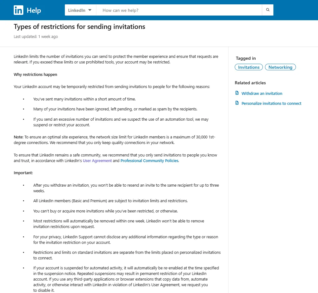 LinkedIn Help article on invitation restrictions, listing why accounts get limited