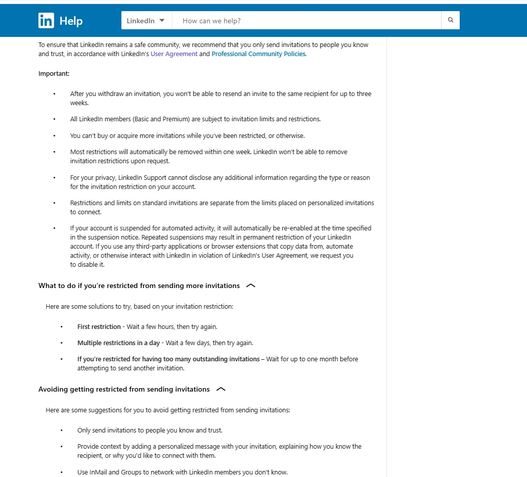 LinkedIn Help section on what to do when restricted from sending invitations and how to avoid it